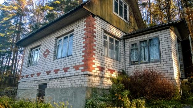 Кирпичная дача у соснового леса с речкой